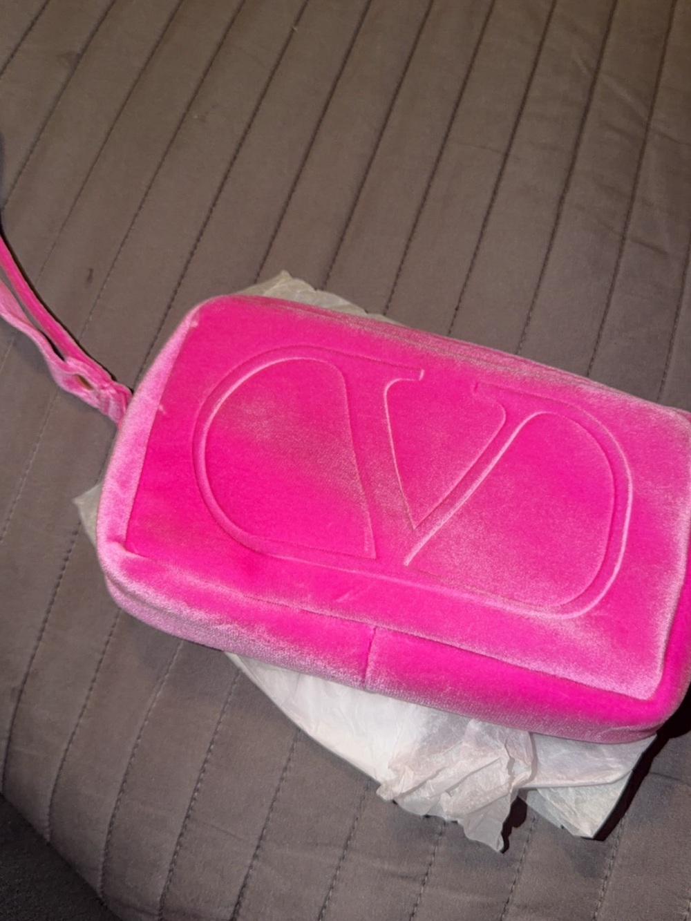 Valentino Hot Pink Velvet Wristlet Clutch with Embossed V Logo